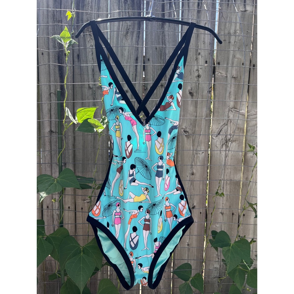 CALVIN KLEIN One Piece Swimsuit Mint Green Graphic Retro Beach Print NWT Sz 14